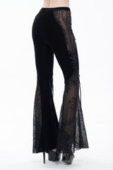 Black Translucent Velvet Jacquard Sexy Panel Lace-Up Plaid Flared Gothic Women's Pants - Product - 3