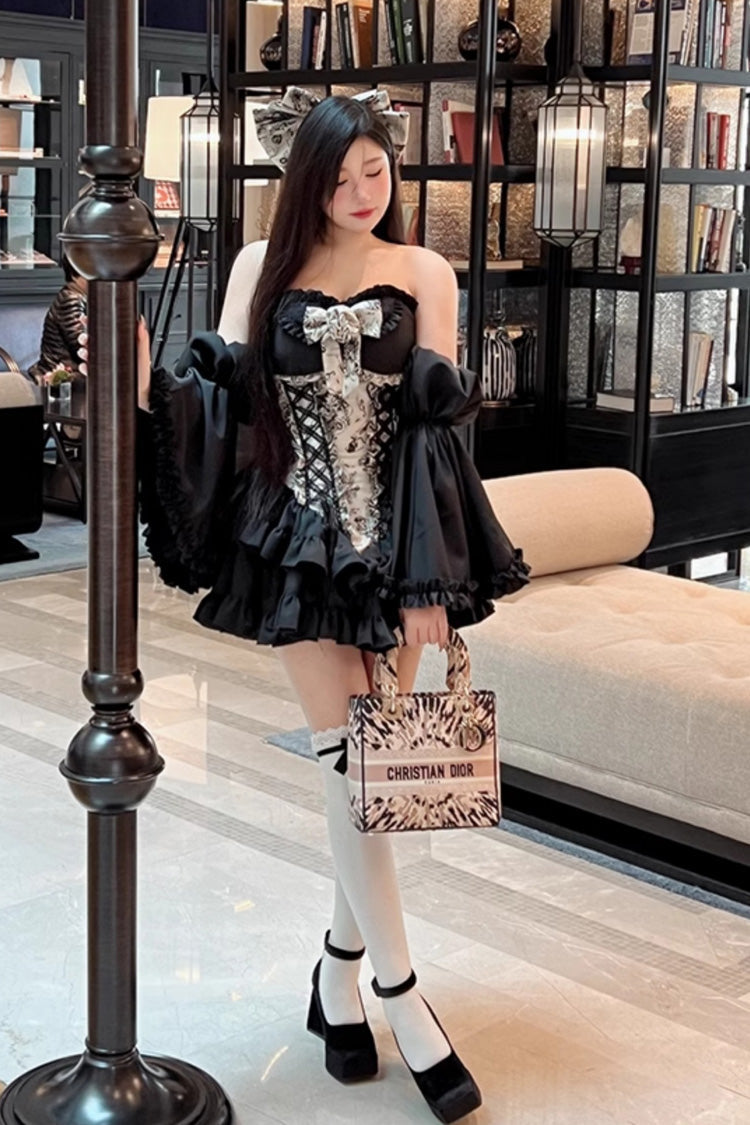 Black [Gentle Treasure] Print Ruffle Embroidery Bowknot Gothic Princess Lolita Strapless Dress - Product - 5