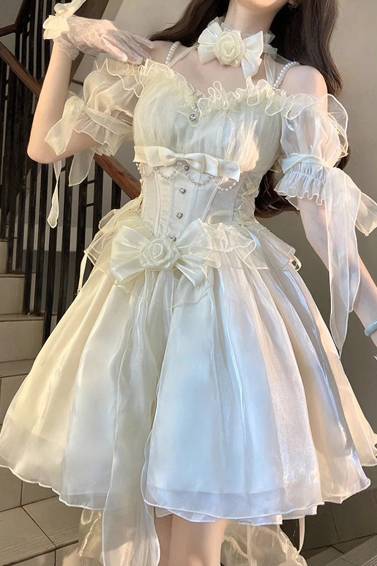 Ivory Midsummer Dream Short Sleeves Ruffle Hanayome Off-The-Shoulder Gothic Short Lolita Dress - Ivory - 1