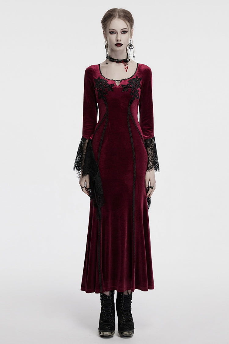 Red Long Sleeves Floral Embroidery Stitching Lace Women's Gothic Gown Dress - Red - 1