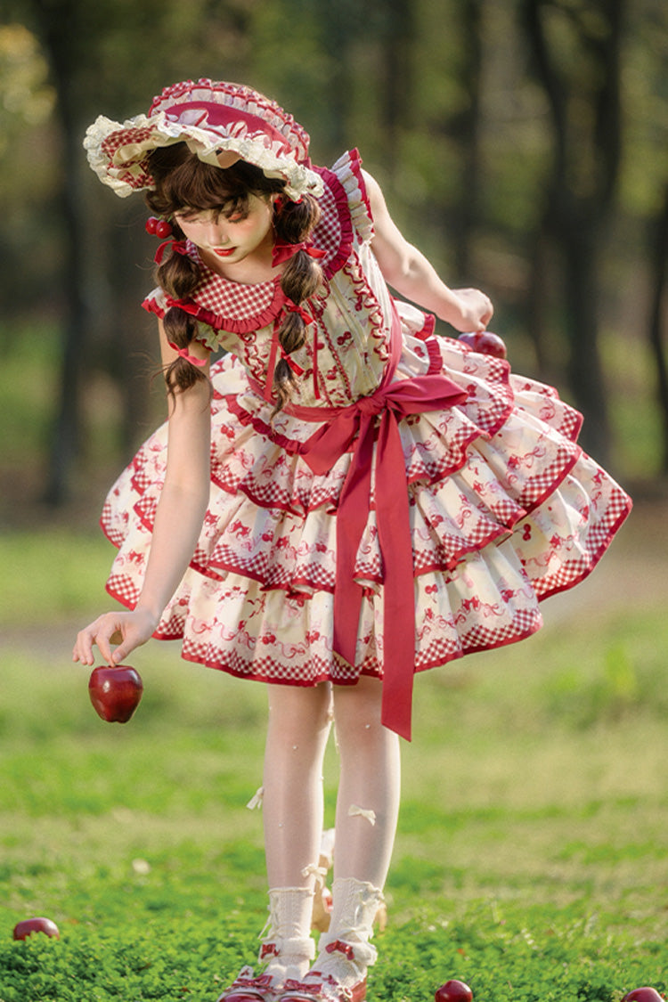 Red Triple-Layered [Cherries Are Ripe] Print Ruffle Sweet Lolita Skirt Set - Product - 11
