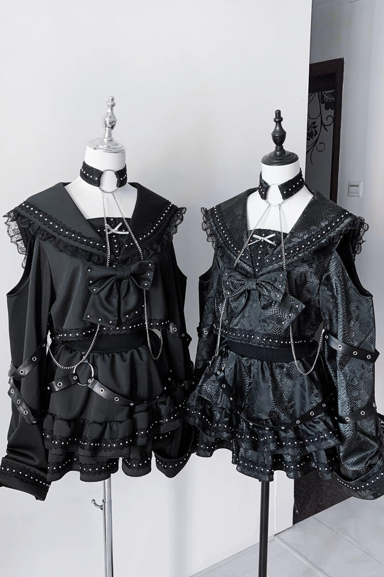 Black [Serpent Devour] Navy Collar Long Sleeves Snake Printed Ruffled Bow Studded Gothic Jirai Kei Skirt Set - Product - 4