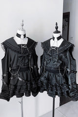 Black [Serpent Devour] Navy Collar Long Sleeves Snake Printed Ruffled Bow Studded Gothic Jirai Kei Skirt Set - Product - 4