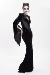 Black V Collar Long Trumpet Sleeves Floral Embroidered Velvet Women's Gothic Dress - Product - 10