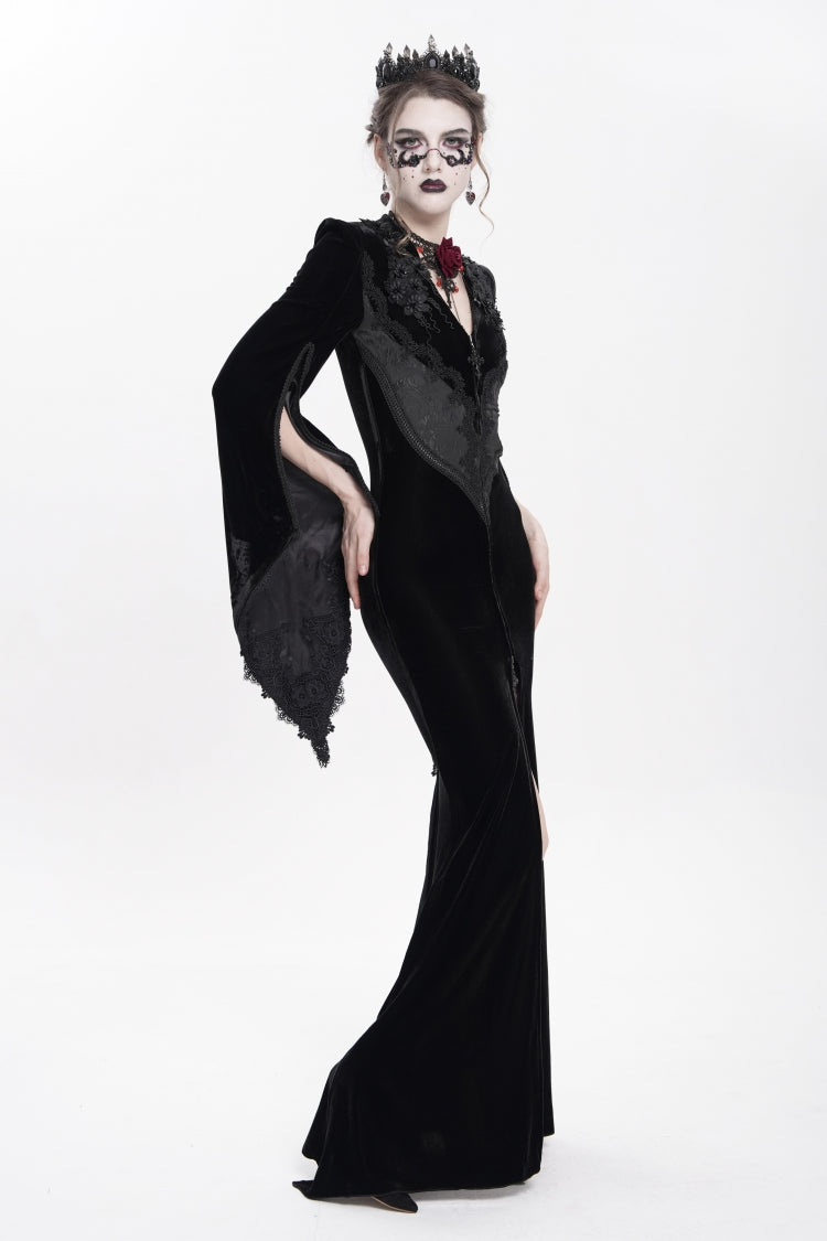 Black V Collar Long Trumpet Sleeves Floral Embroidered Velvet Women's Gothic Dress - Product - 10