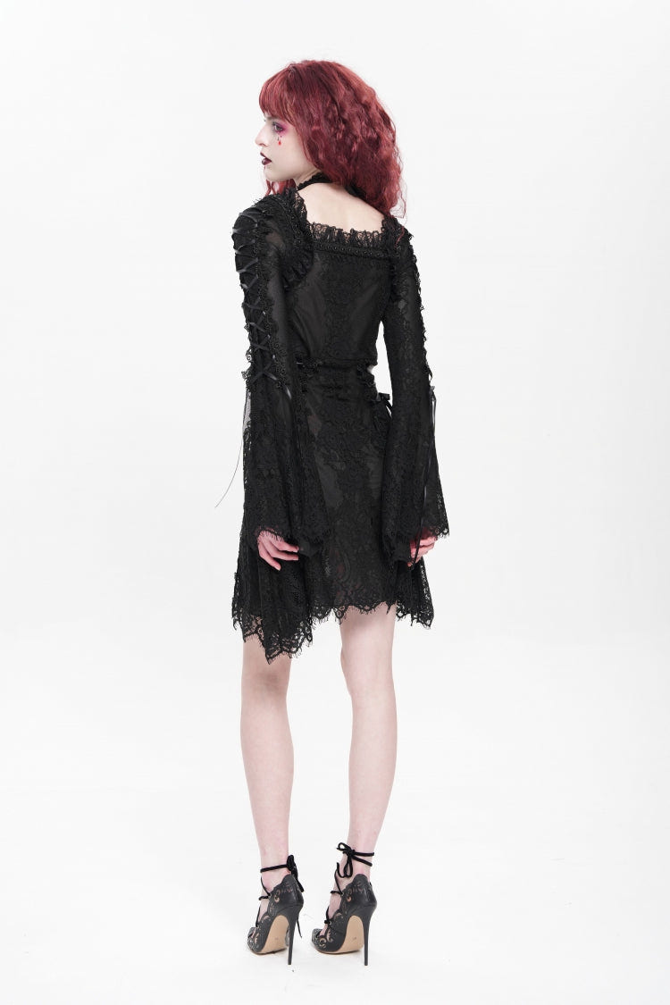 Black Square Collar Long Trumpet Sleeves Embroidered Lace-Up Women's Gothic Dress - Product - 8