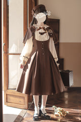 Brown/White [Sunset Academy] Long Sleeves Ruffle Bowknot Fake Two Pieces Vintage College Style Elegant Lolita Dress - Product - 6