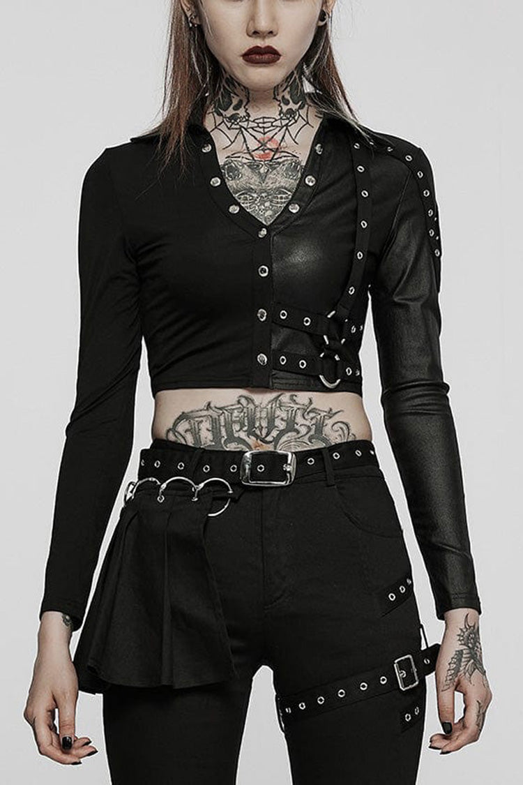 Black Gothic Super Cool Slim Fit Strap Sexy Cropped Pullover Long Sleeve Women's Polo Tee - Black - 1