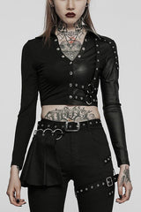 Black Gothic Super Cool Slim Fit Strap Sexy Cropped Pullover Long Sleeve Women's Polo Tee - Black - 1