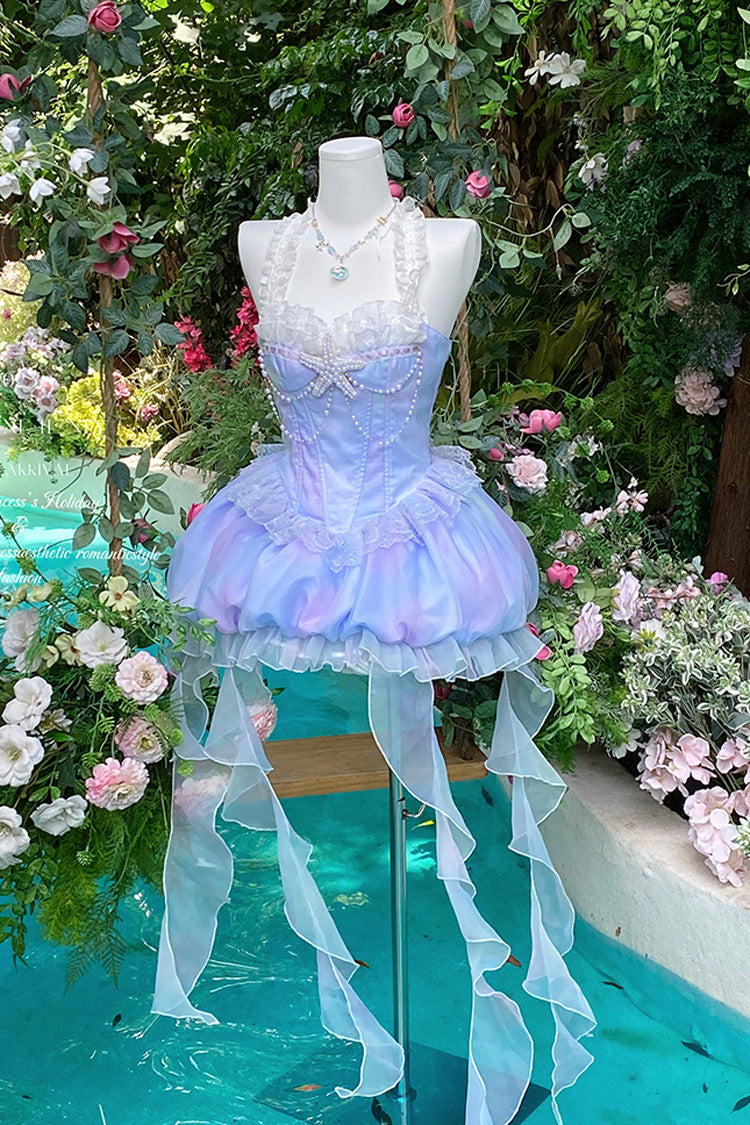 Blue [Starlight Jellyfish Princess] Halterneck Sleeveless Ruffle Lace Sweet Lolita Jsk Dress - Product - 3