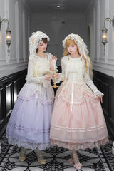 [Tulip Scent] Halterneck Sleeveless Printed Ruffled Lace Lace-Up Fishbone Sweet Lolita Jsk Dress Set (Pink/Purple 2 Colors) - Product - 10