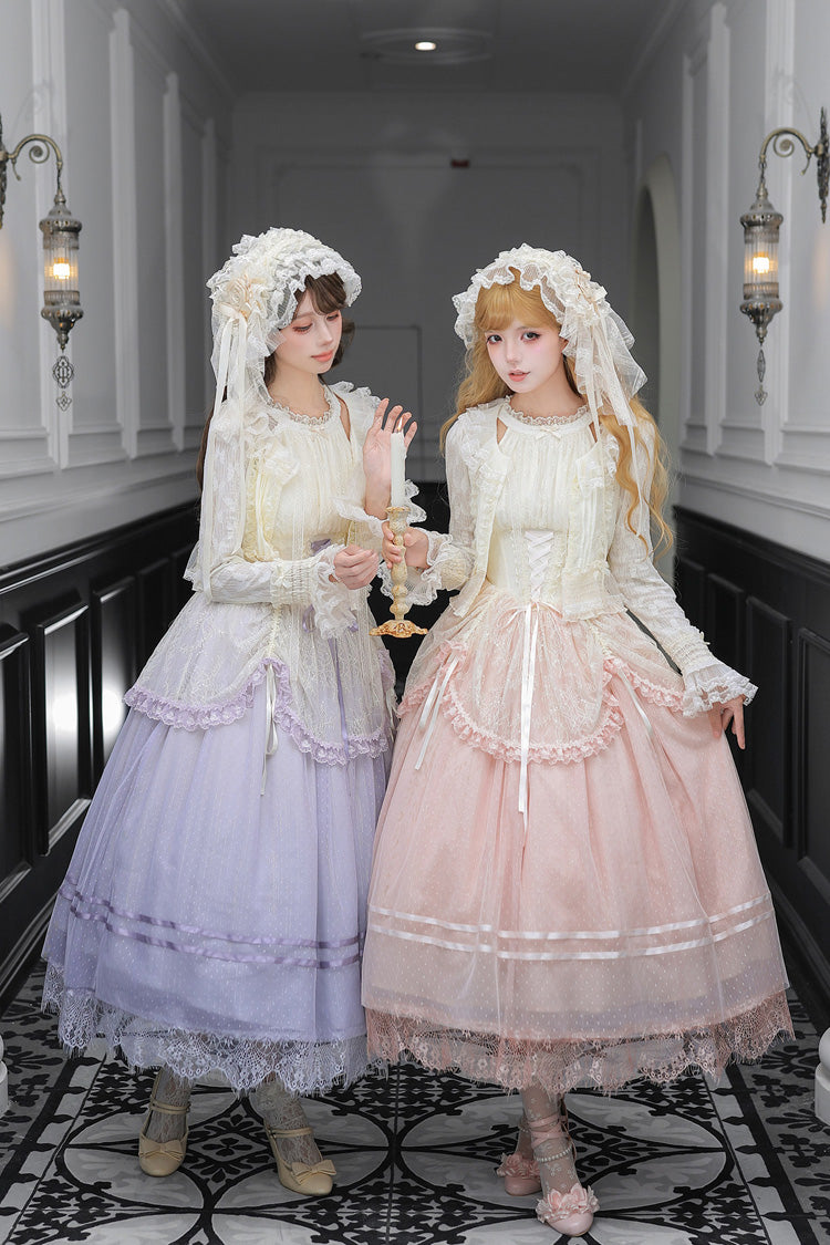 [Tulip Scent] Halterneck Sleeveless Printed Ruffled Lace Lace-Up Fishbone Sweet Lolita Jsk Dress Set (Pink/Purple 2 Colors) - Product - 10