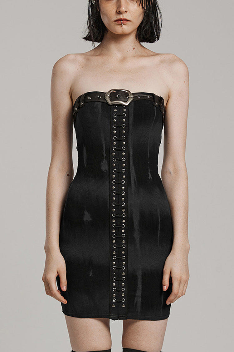 Off Shoulder Print Buckle Lace-Up Slim Women's Steampunk Strapless Dress 2 Colors - Black/Grey - 1