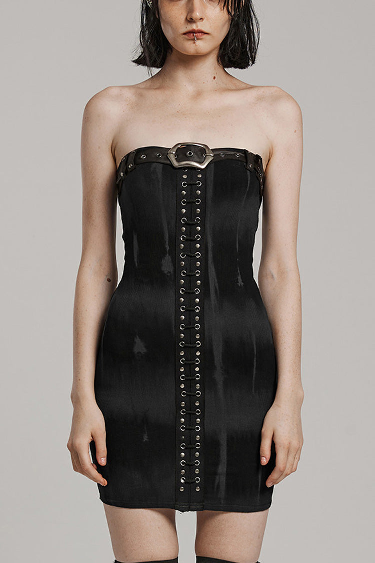 Off Shoulder Print Buckle Lace-Up Slim Women's Steampunk Strapless Dress 2 Colors - Black/Grey - 1
