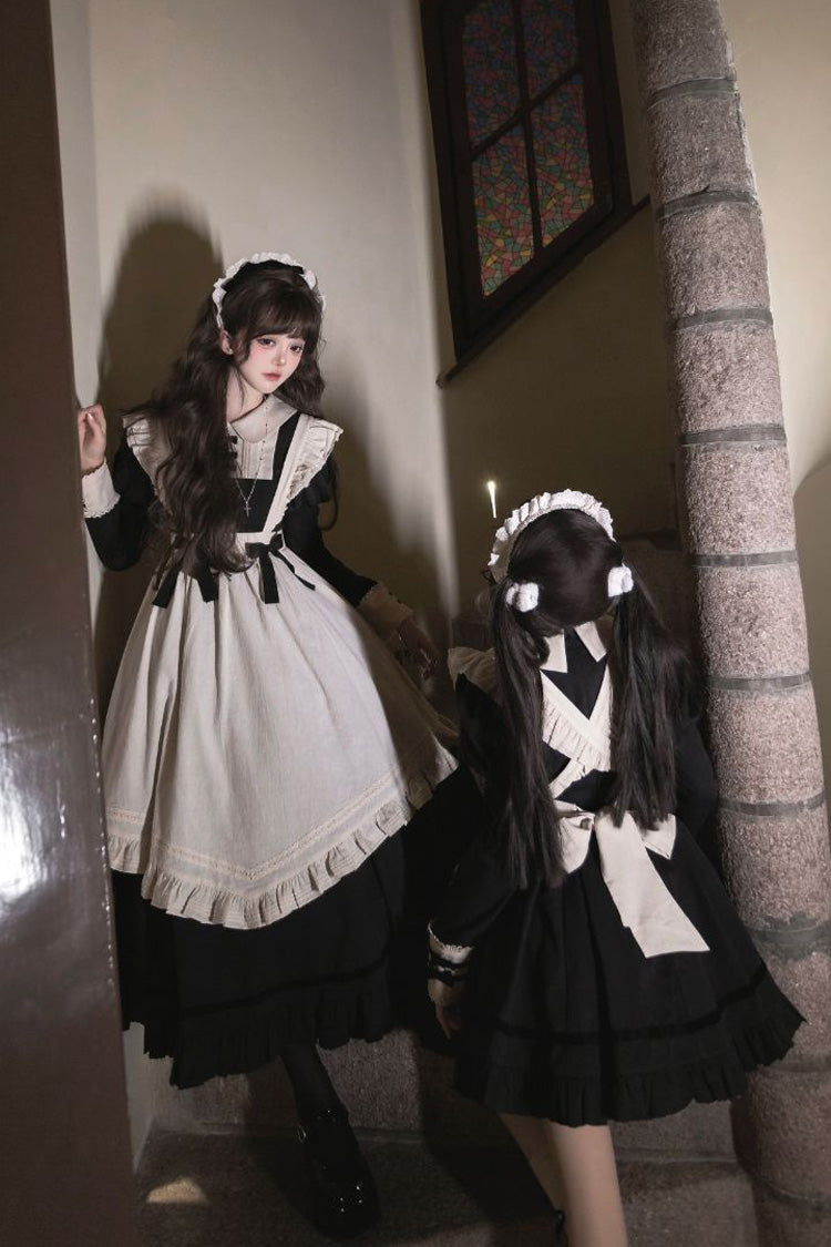 Black Maid Lapel Collar Short Sleeves Ruffle Sweet Classic Lolita Dress (Short or Long Version) - Product - 2