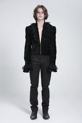 Black V Collar Long Sleeves Ruffle Stitching Lace Men's Gothic Blouse - Product - 5