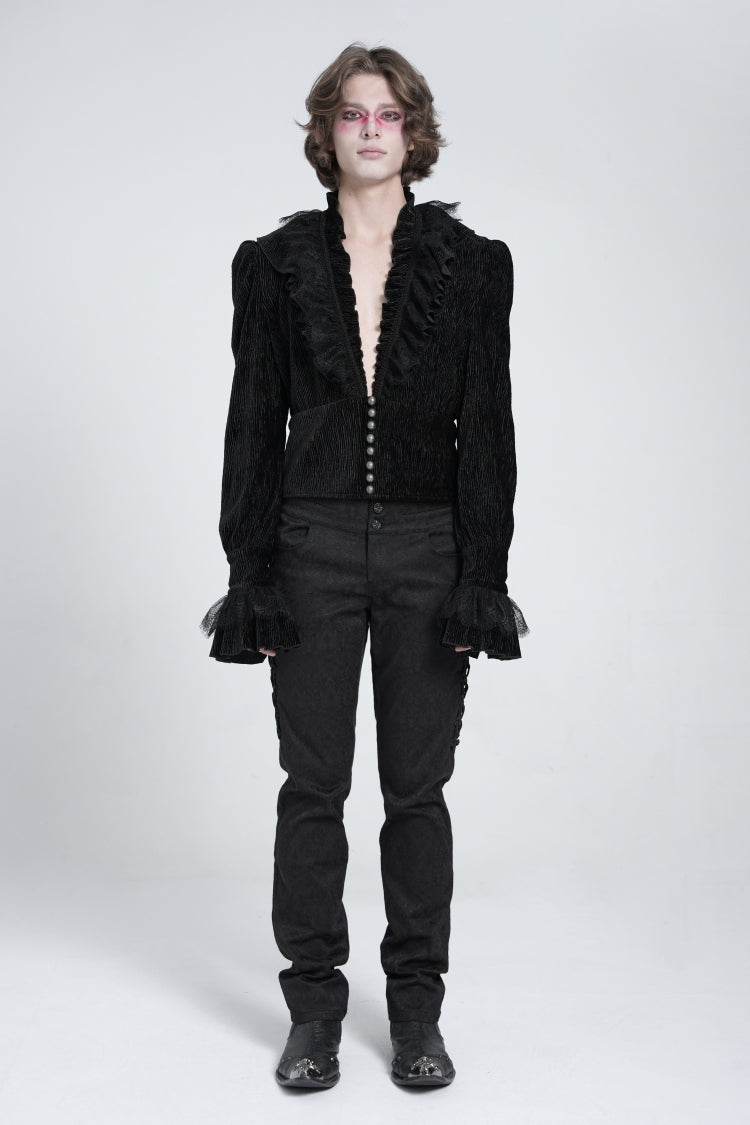 Black V Collar Long Sleeves Ruffle Stitching Lace Men's Gothic Blouse - Product - 5