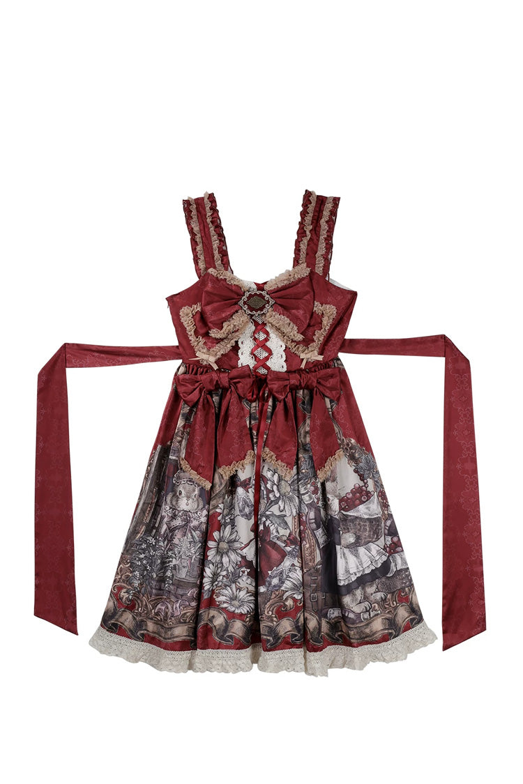 Red [Mystery Bunny] Sleeveless Jacquard Printed Ruffled Bow Lace Classic Lolita Jsk Dress Set - Dress(Only) - 16