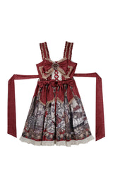 Red [Mystery Bunny] Sleeveless Jacquard Printed Ruffled Bow Lace Classic Lolita Jsk Dress Set - Dress(Only) - 16