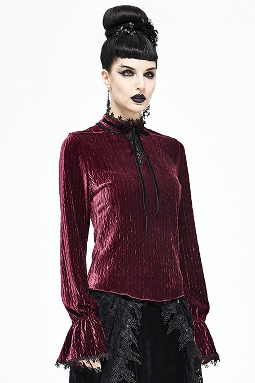 Red Pleated Velvet Trumpet Sleeves Womens Gothic Blouse - Product - 2