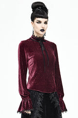 Red Pleated Velvet Trumpet Sleeves Womens Gothic Blouse - Product - 2
