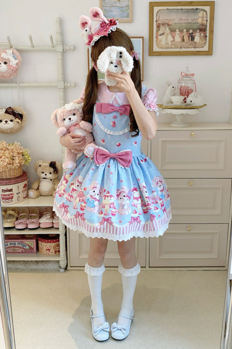 Blue/Pink [Cupid Bunny] Printed Sleeveless Bow Sweet Princess Lolita Strap Dress - Product - 10