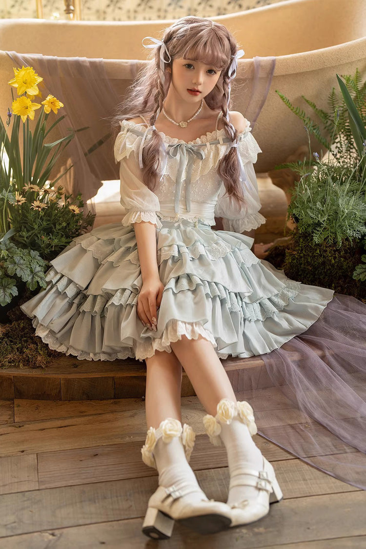 Light Blue Rose Multi-layer Ruffle Princess Sweet Lolita Skirt - Product - 3