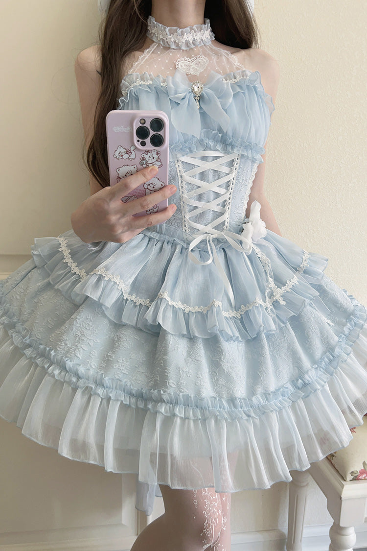 Light Blue Halterneck Triple-Layered Bowknot Lace Sweet Lolita Jsk Dress - Product - 3