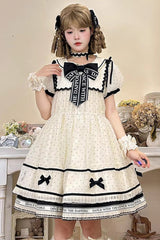 Beige [William Wordsworth’s Lyric Poetry] Doll Collar Polka Dots Printed Lace Sweet Princess Lolita Dress - Product - 2