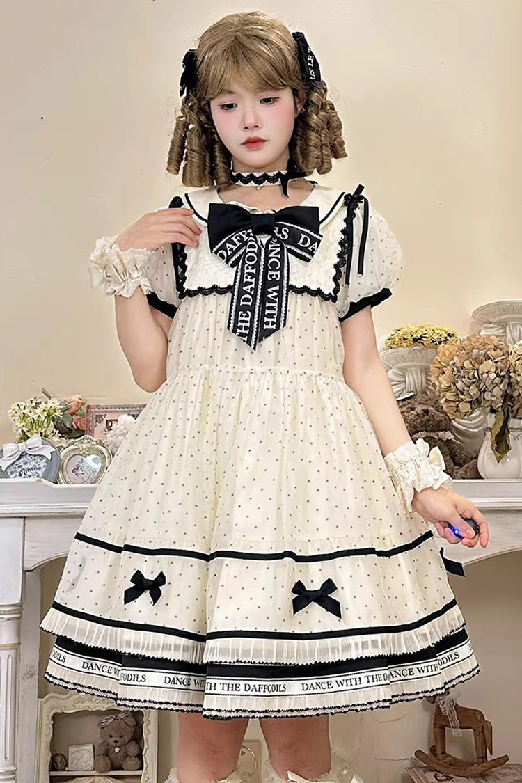 Beige [William Wordsworth’s Lyric Poetry] Doll Collar Polka Dots Printed Lace Sweet Princess Lolita Dress - Product - 2