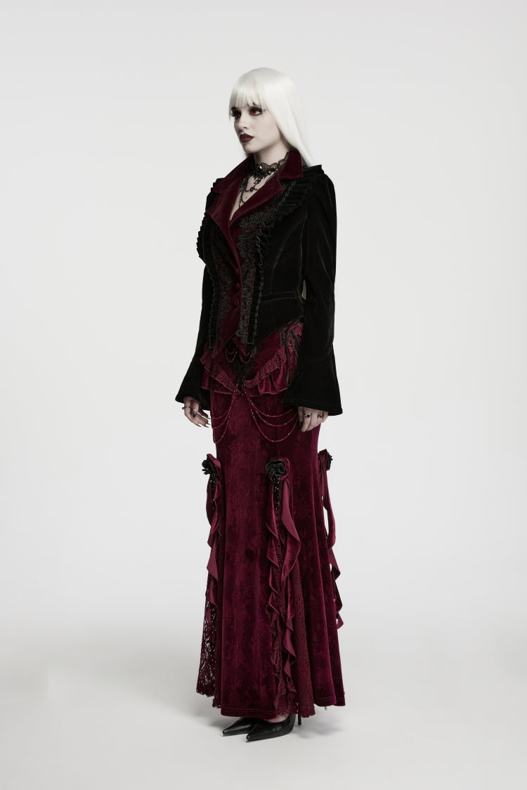 Black/Red Lapel Collar Long Trumpet Sleeves Lace Lace-Up Asymmetric Color-Blocked Women's Gothic Elegant Luxurious Royal Velvet Coat - Product - 3