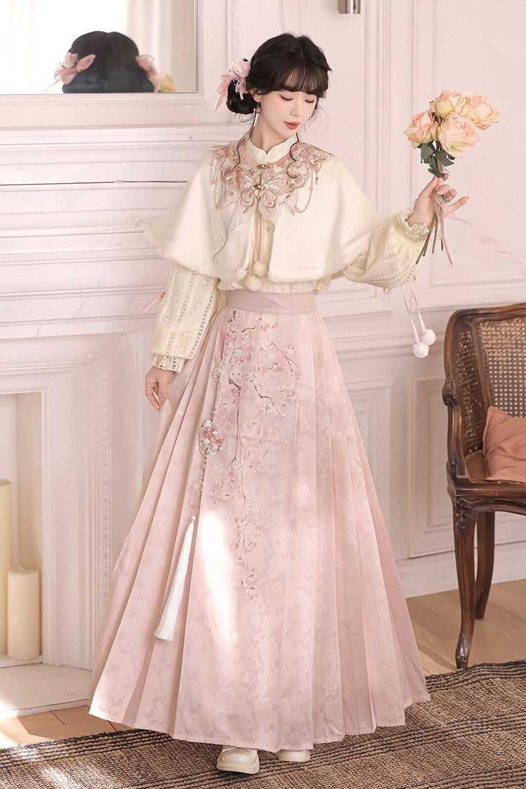 Pink [Cherry Blossoms Falling] Stand Collar Long Sleeves High Waisted Jacquard Printed Women's Sweet Hanfu Dress Set - Product - 5