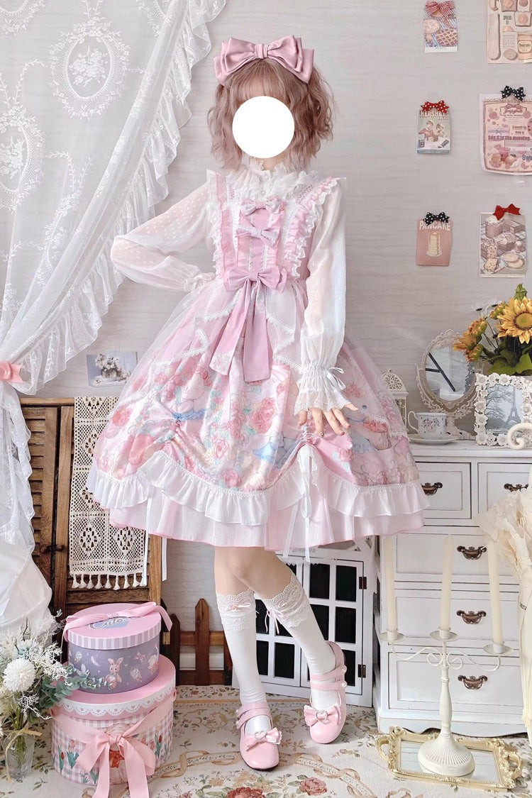 Pink Sleeveless High Waisted Rabbit Print Ruffle Bowknot Sweet Lolita Jsk Dress - Product - 7