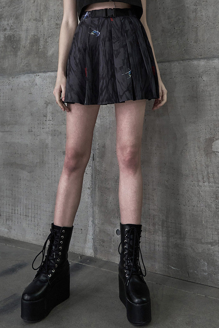 Black Casual Chinese Painting Decorated Pleated Women's Steam Punk Skirt - Black - 1