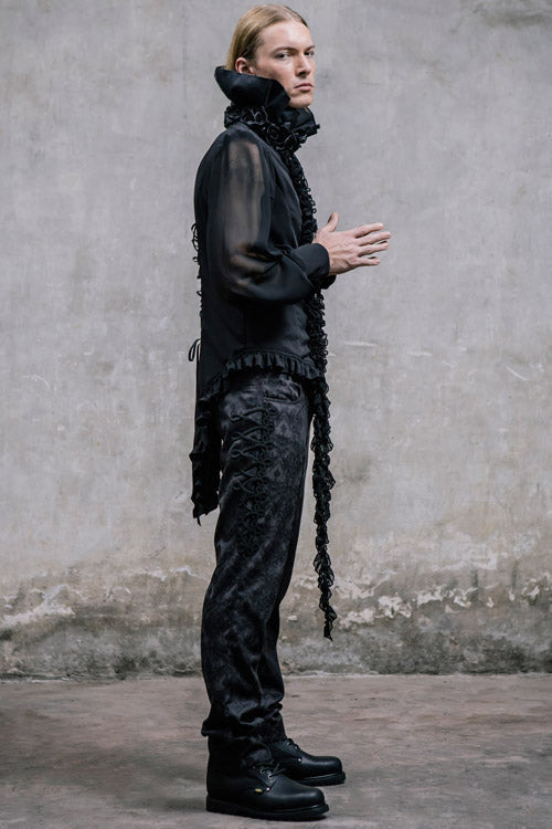 Black Side Discoid Flowers Back Waist Lace Up Gothic Jacquard Mens Pants - Product - 6