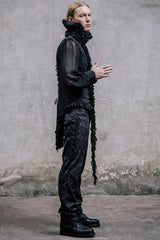 Black Side Discoid Flowers Back Waist Lace Up Gothic Jacquard Mens Pants - Product - 6