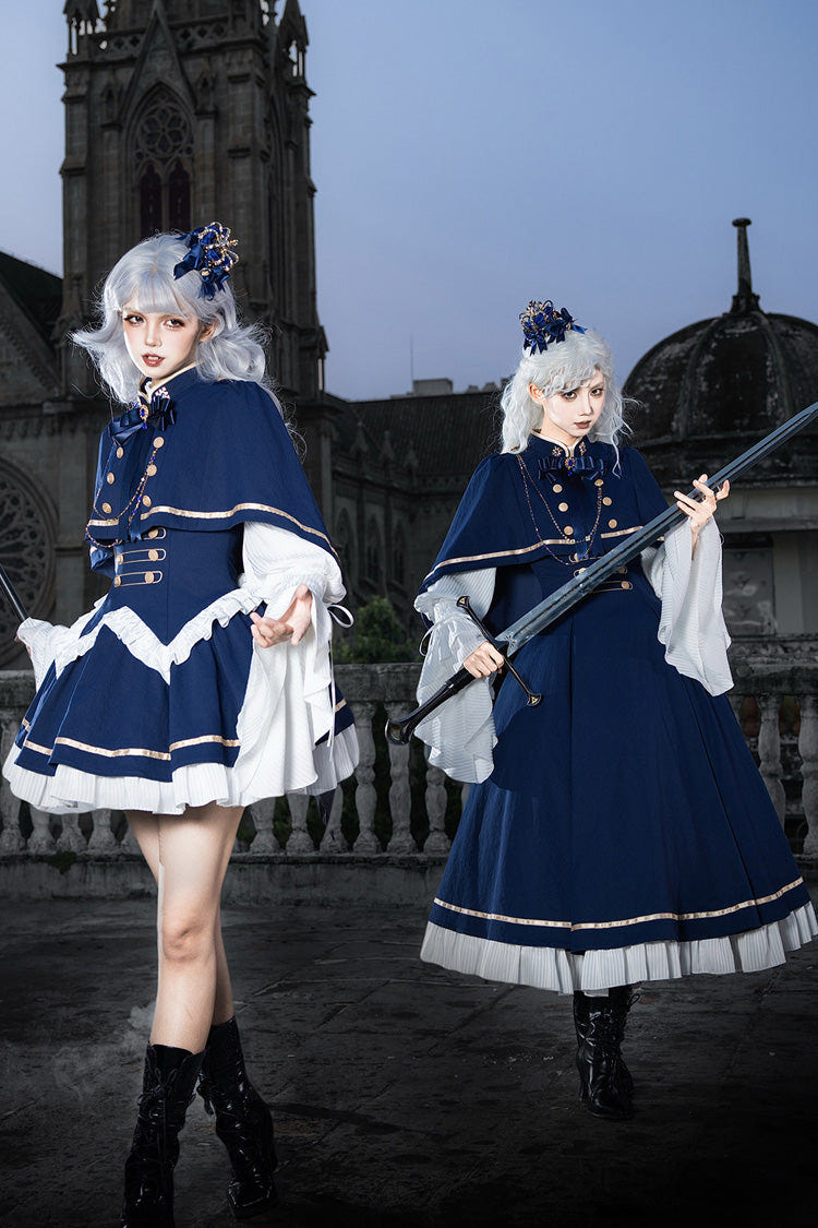 ブルー [Eternal Crown] スタンドカラー ロング ランタンスリーブ フリル カラー-Blocked 重ね着風 クラシカル ロイヤル ロリータワンピース 2 タイプ 商品画像