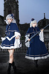 Blue [Eternal Crown] Stand Collar Long Lantern Sleeves Ruffled Color-Blocked Faux Two-Piece Classic Royal Lolita Dress 2 Versions - Product - 10