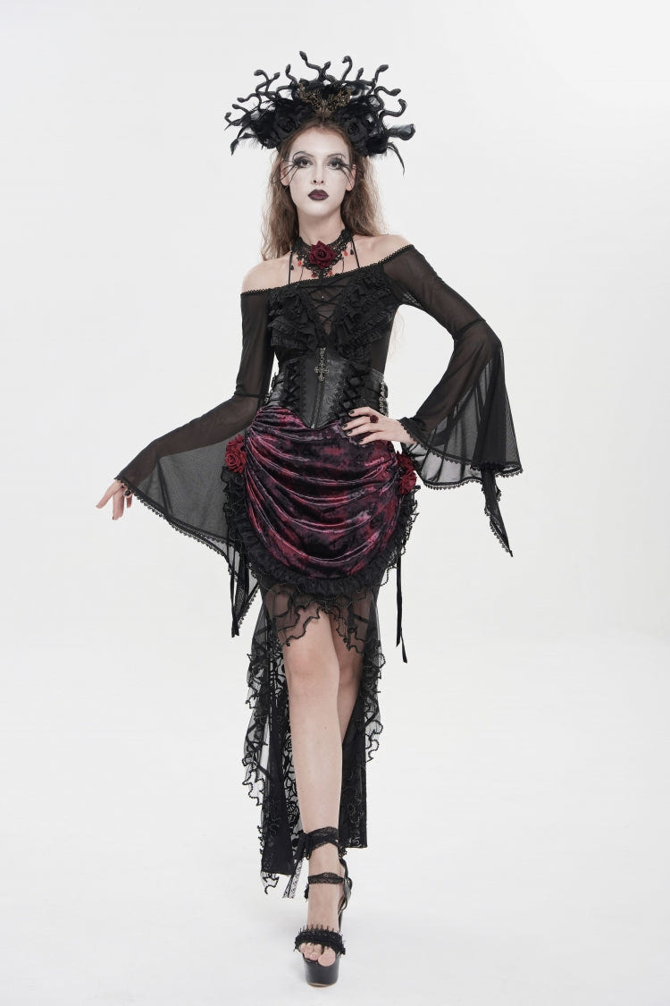 Black/Red Embroidered Rose Lace-up Irregular Women's Gothic Hem Skirt - Product - 9