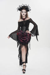 Black/Red Embroidered Rose Lace-up Irregular Women's Gothic Hem Skirt - Product - 9