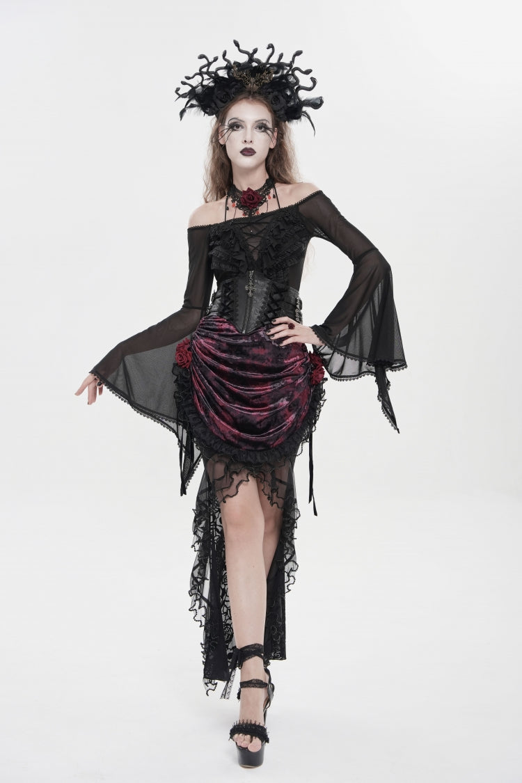 Black/Red Embroidered Rose Lace-up Irregular Women's Gothic Hem Skirt - Product - 9