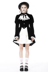 Black/White Frilly Collar Skull Bow Tie Long Puff Sleeves Lace Lace-Up Women's Gothic Vintage Velvet Jacket - Black/White - 1
