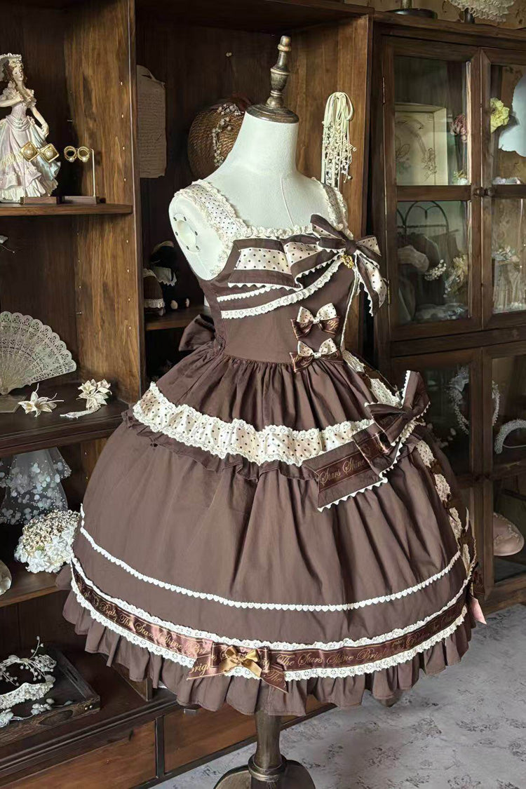 Dark Brown [Panda Gift] Square Collar Sleeveless Ruffled Bow Spliced Asymmetric Sweet Lolita Jsk Dress - Product - 2