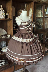 Dark Brown [Panda Gift] Square Collar Sleeveless Ruffled Bow Spliced Asymmetric Sweet Lolita Jsk Dress - Product - 2
