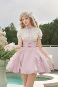 Pink/Apricot Miss Lola Stand Collar Short Sleeves Ruffle Bowknot Sweet (Dress Only) front view