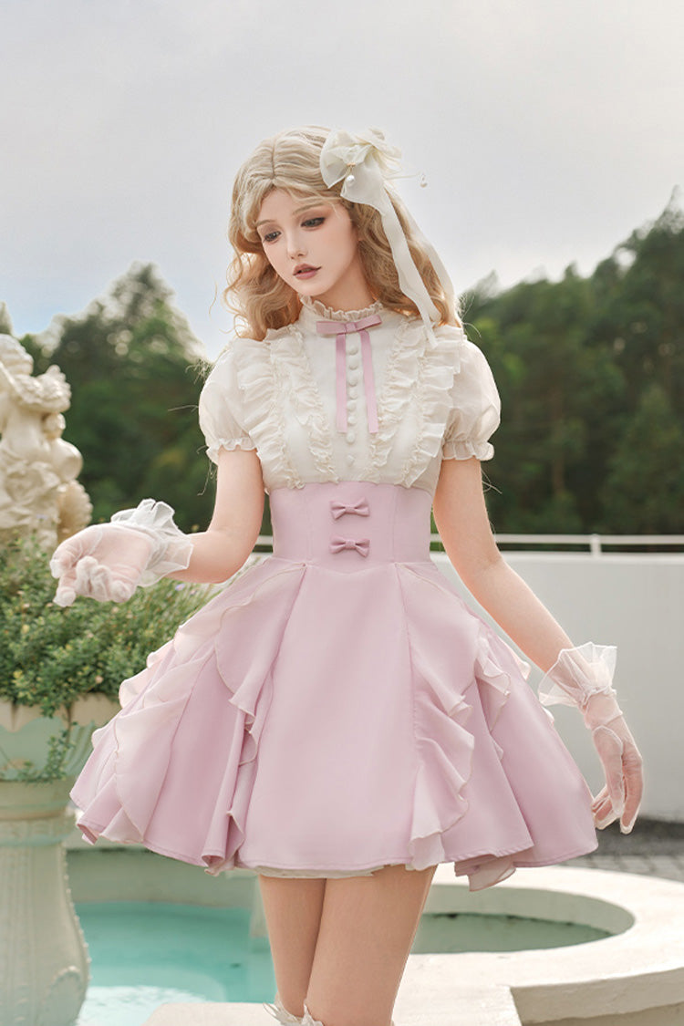 Pink/Apricot [Miss Lola] Stand Collar Short Sleeves Ruffle Bowknot Sweet Lolita Dress - Pink/Apricot - 1
