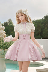 Pink/Apricot [Miss Lola] Stand Collar Short Sleeves Ruffle Bowknot Sweet Lolita Dress - Pink/Apricot - 1