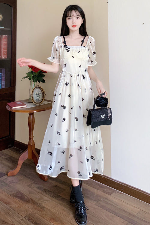 Beige French Square Collar Short Sleeves Rose Print Long Plus Size Sweet Lolita Dress - Product - 3
