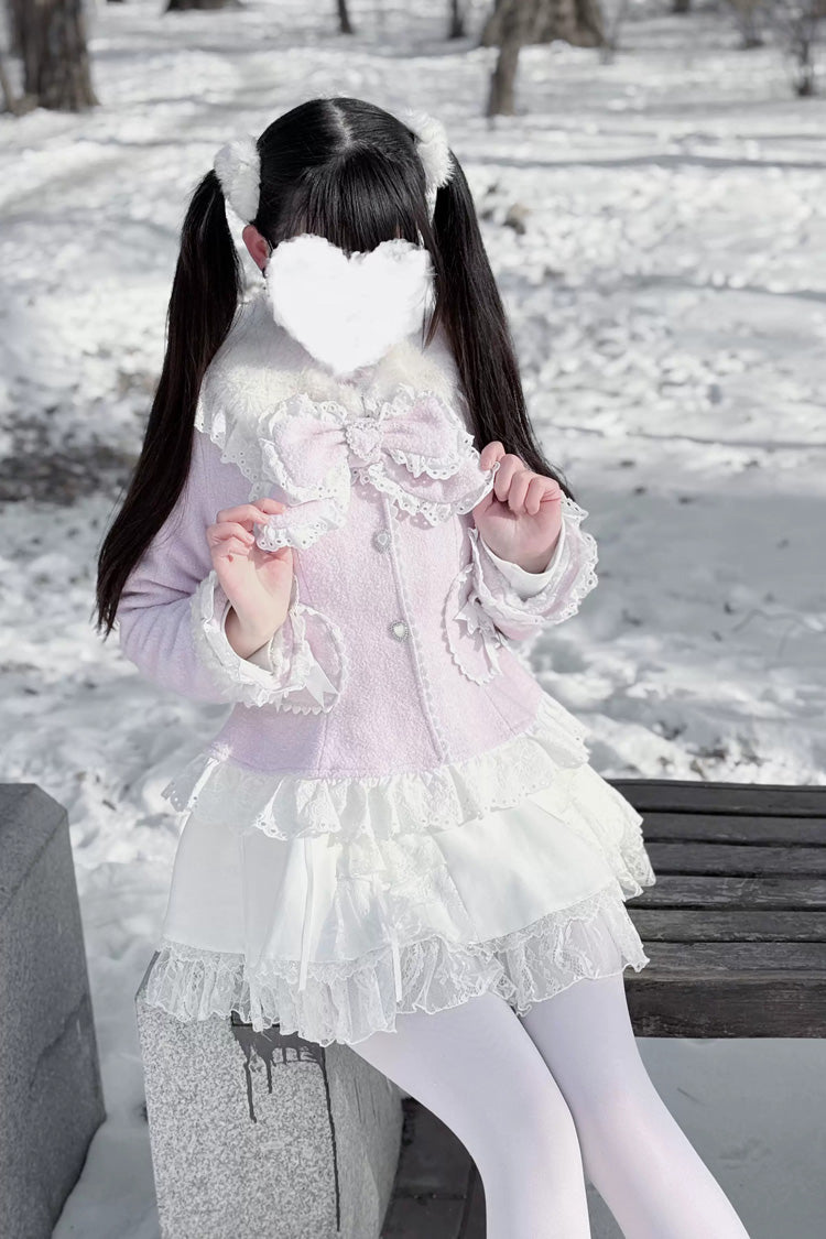[Diamond Strawberry] Long Sleeves Bow Lace Pearl-Decorated Sweet Jirai Kei Lolita Coat 3 Colors - Product - 2