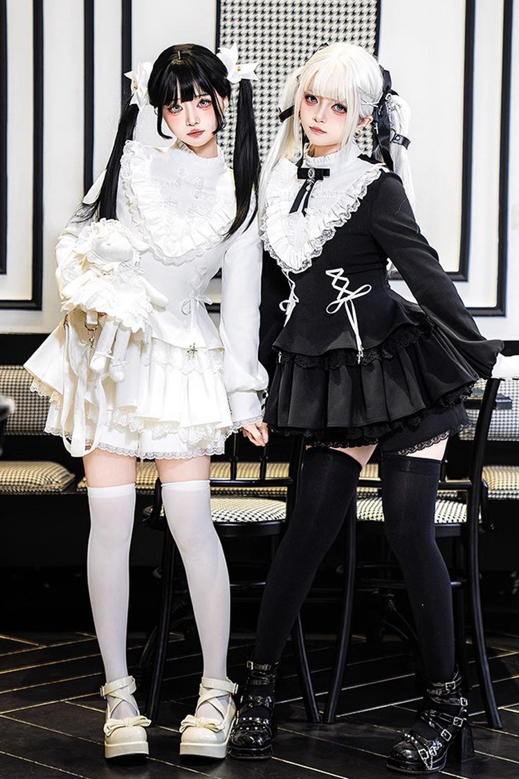 White Long Sleeves Ruffle Lace-Up Sweet Handsome Lolita Dress - Product - 9